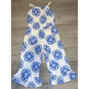 Janie and Jack X Rachel Zoe Blue and White boho wide leg eyelet jumpsuit size 4